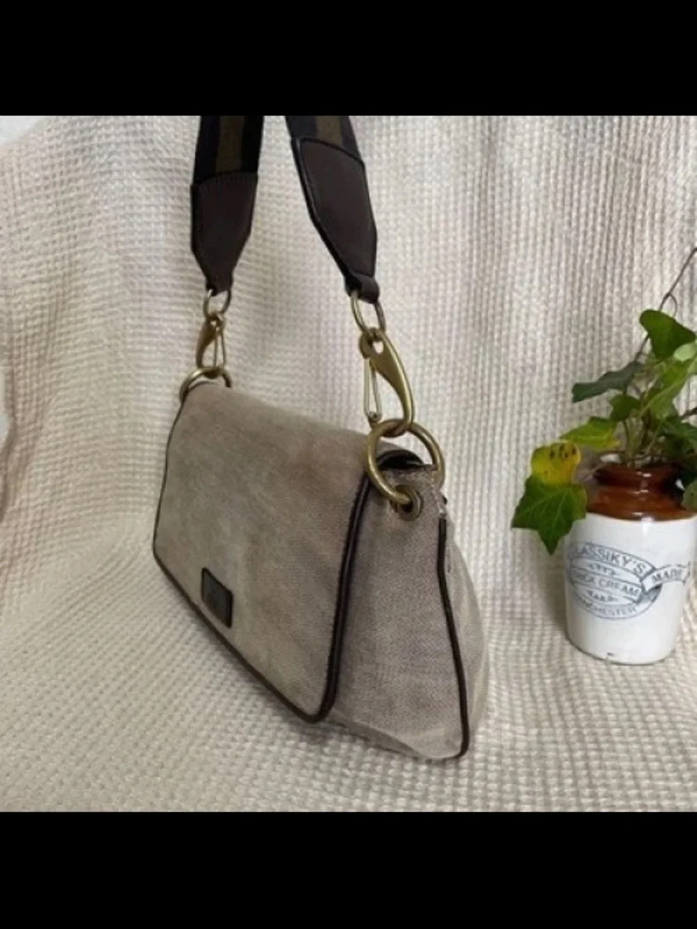Gucci Taupe Canvas Shoulder Bag with Dark Brown Trim